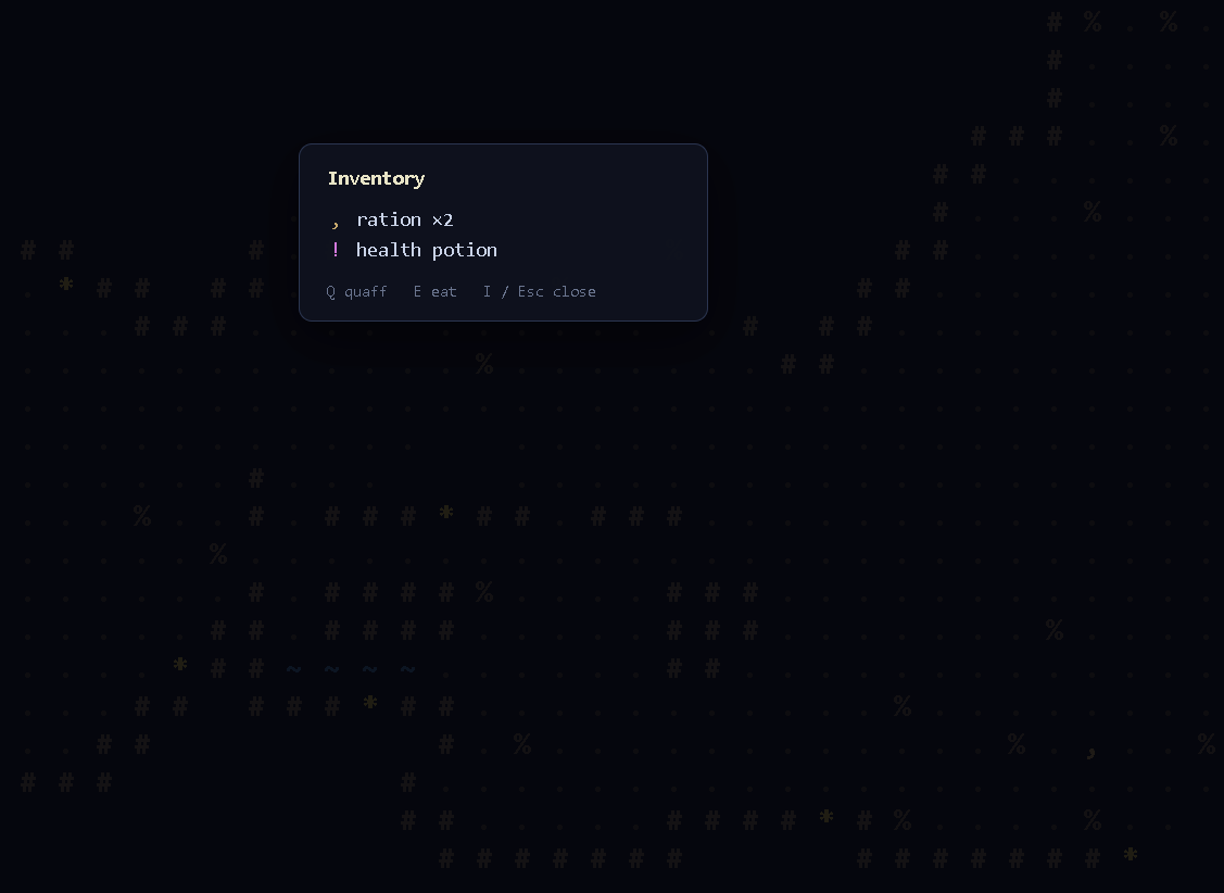 The roguelike with a status readout showing HP, Food and Depth, an item lying on the dungeon floor, and an inventory panel listing a health potion and a ration.